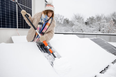 Woman cleans solar panels from snow to produce power in winter on the roof of her house. Energy...