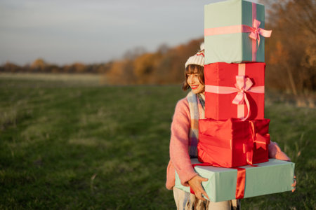 Young woman dressed for the holiday carries New Years gifts outdoors on nature during sunset. In anticipation of the winter holidays, preparation and shopping conceptの写真素材
