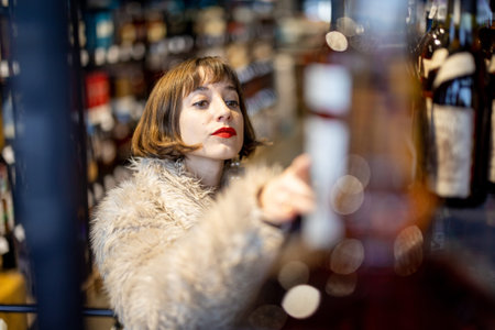 Woman chooses strong alcohol standing between rows of bottles in a supermarket. Buying cognac drink in alcohol shopの写真素材