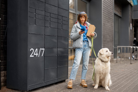 Young woman uses phone while receiving a parcel from automatic post office machine during a walk with her dog in city. Concept of modern technologies in delivery services and lifestyleの写真素材