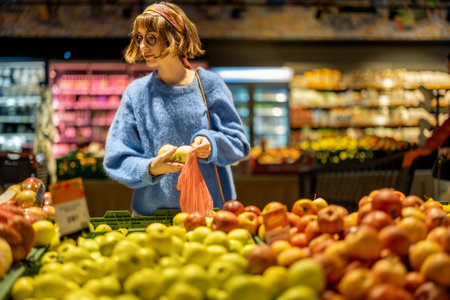 Young woman chooses apples to buy and puts them into mesh bag at fruit department of a supermarket. Concept of consumerism of healthy food and use of reusable bagsの写真素材