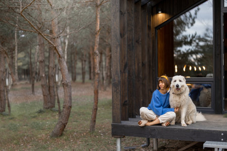 Young woman sits with her dog on porch of a wooden house in pine forest, enjoying nature while...