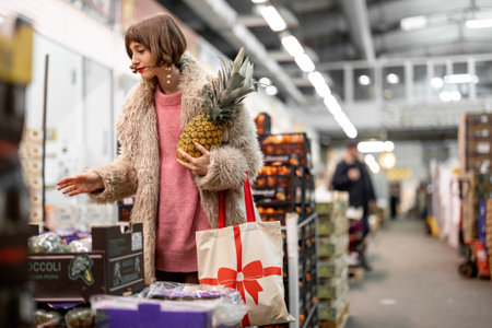 Woman buying fruits at local indoor market choosing ananas during winter time. Girl in fur coat shopping fruits for the holidaysの写真素材