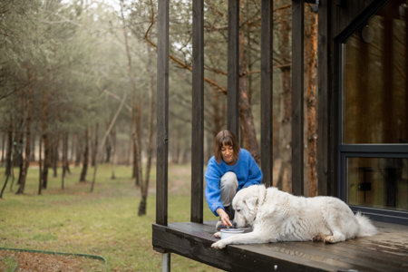 Young woman feeds her cute white dog while sitting together on a porch of wooden house in the forest. Pets caring and rest on nature conceptの写真素材