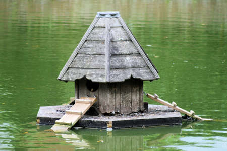 Duck house in pondの写真素材