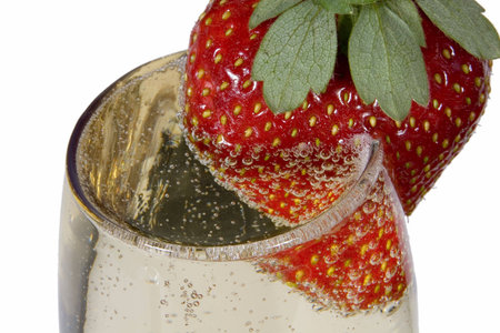Strawberry on a glass with bubbly drink - champaignの写真素材