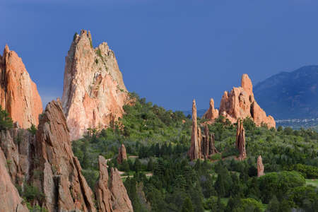 Rock formations at the Garden of the Gods - Colorado Springs, Colorada - with stormy skyの写真素材