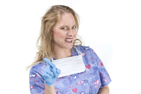Blond woman in medical scrubsの写真素材