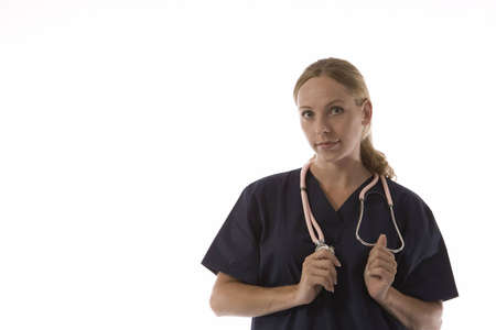 Young blond woman in medical scrubsの写真素材