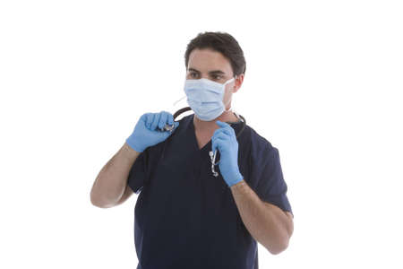 Male model in medical scrubs over white backgroundの写真素材