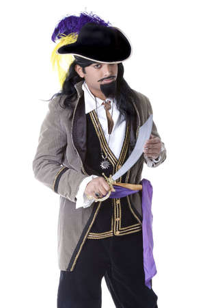Adult Male Indian Model dressed as pirate over white backgroundの写真素材