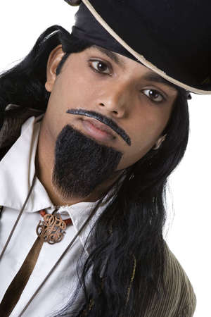 Adult Male Indian Model dressed as pirate over white backgroundの写真素材