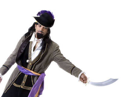 Adult Male Indian Model dressed as pirate over white backgroundの写真素材