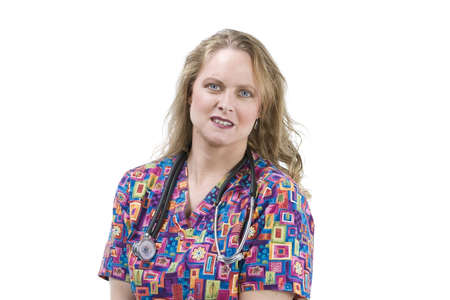 Blond woman in medical scrubsの写真素材