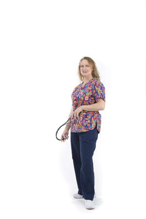 Blond woman in medical scrubsの写真素材