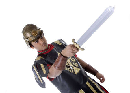 Adult Male Indian Model dressed as Roman Soldier over white backgroundの写真素材