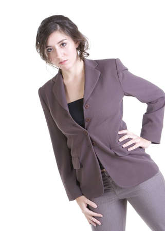 Female model in Business Casual clothes over white backgroundの写真素材