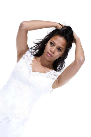 Brunette in White wedding Dress with white backgroundの写真素材