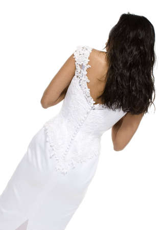 Brunette in White wedding Dress with white backgroundの写真素材