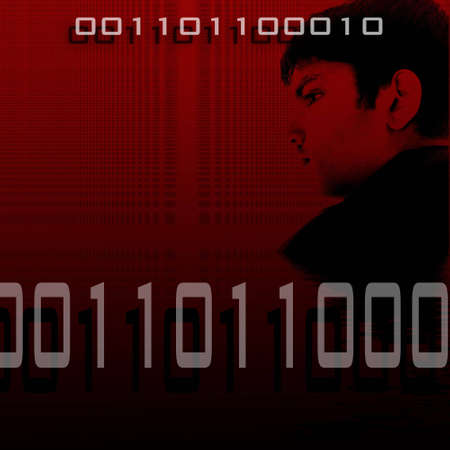 High tech abstract with young male over grid background with one and zeroesの写真素材