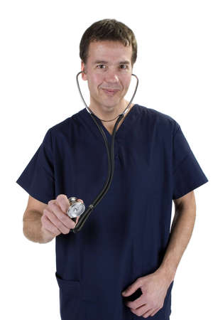Adult male in medical scrubs over white backgroundの写真素材