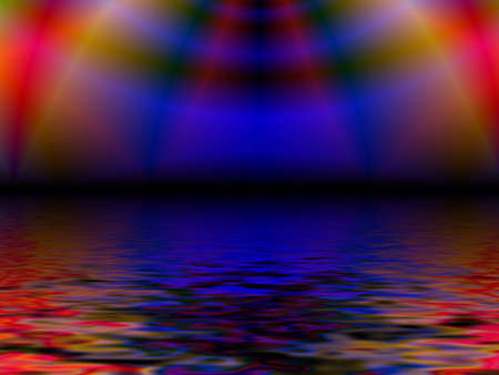Fractal rainbow sky with reflection in waterの写真素材