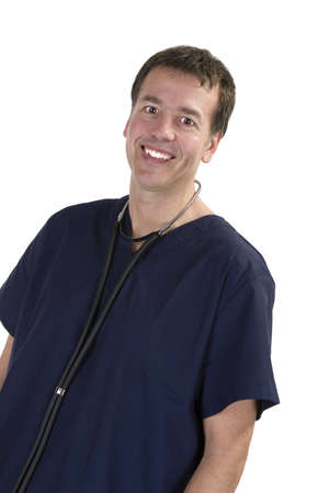 Adult male in medical scrubs over white backgroundの写真素材