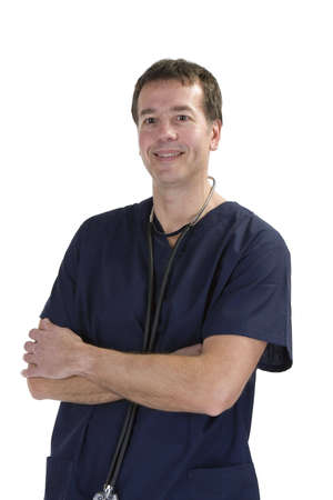 Adult male in medical scrubs over white backgroundの写真素材