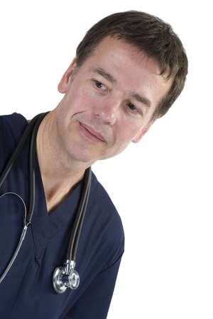 Adult male in medical scrubs over white backgroundの写真素材