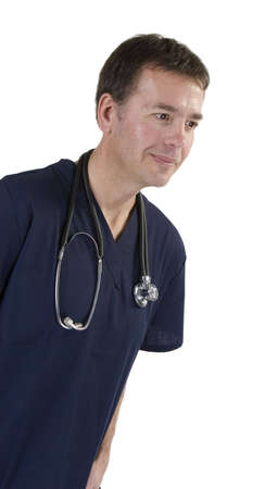 Adult male in medical scrubs over white backgroundの写真素材