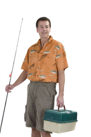 Man with fishing poile and tackle box over white backgroundの写真素材