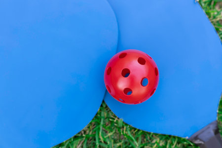 Blue racquets and red pickleball ball on turfの写真素材