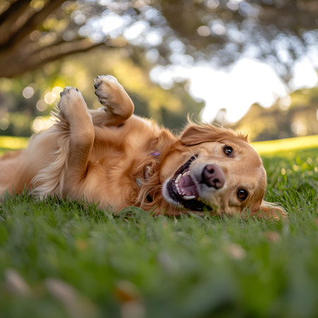 A charming golden retriever happily lying on his back in a lush green field in a park, enjoying a sunny dayの素材