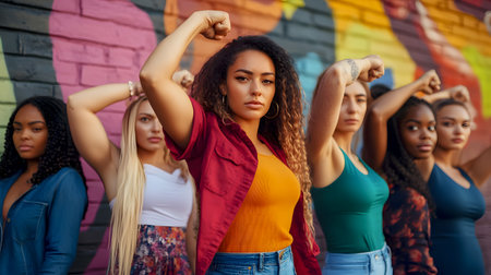 Diverse group of confident women pose in front of a vibrant graffiti wall, raising their arms to symbolize strength and unity. The scene reflects empowerment, solidarity and the bold expression of individuality in an urban environmentの素材