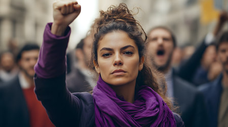 Determined woman at the front of a protest, raising her fist in solidarity. She wears a purple scarf, with a diverse group of protesters blurred in the backgroundの素材