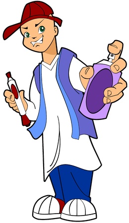 Vector cartoon illustration of a young boy holding a spray can and marker ready to draw graffitiのイラスト素材