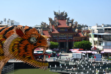 Closeup of the dragon tiger on a temple at Lotus Pond in Kaohsiung, Taiwanの写真素材