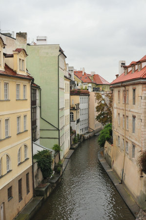 Houses at Certovka side canal of the Vltava River in Prague, Czech Republicの写真素材