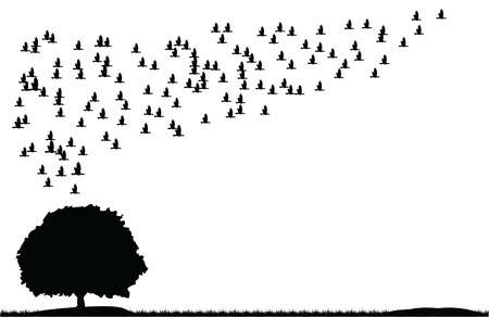 landscape bird flock grass treeのイラスト素材