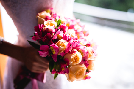 Rustic and romantic bridal bouquet. Wedding arrangement with many colors and flowers.Rustic and romantic bridal bouquet. Wedding arrangement with many colors and flowers.の写真素材