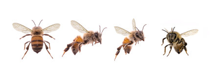 Photography of bees isolated on white background for image cropping and manipulation in image editing program. Flying insects carrying pollen.の写真素材