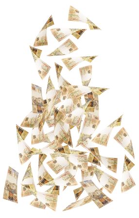 50 reais banknotes from brazil falling on isolated white background. Concept of fortune, wealth, money rain or big luck.の写真素材