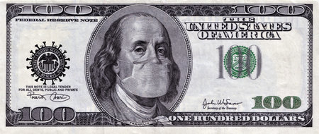 COVID-19 Coronavirus pandemic in the USA, $ 100 cash note with face mask. Virus outbreak had slowed...