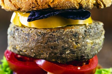 close up on a vegetarian burger, made with vegetables and proteins, such as chickpeas, soybeans, mushrooms, tomatoes, red cabbage, chickens and others. Vegan food, totally organic.の写真素材