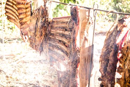 Rib roast on the ground, rib barbecue prepared with the heat and steam of the fire. Roasted gaucho and argentinoの写真素材