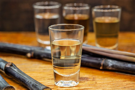 Several glasses of brazilian cachaÃ§a isolated on rustic wooden background, variations and types...
