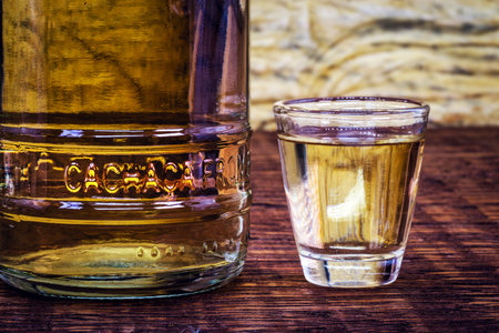 Detail of a bottle of cachaÃ§a, a typical Brazilian drink. Brazilian product for export, distilled...
