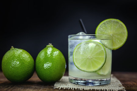 Caipirinha, a typical Brazilian cocktail made with lemon, cachaÃ§a and sugar. Brazilian traditional drink, isolated with space for text.の写真素材