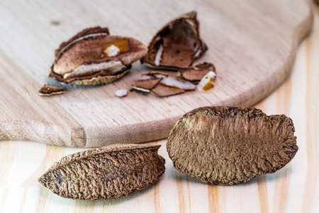 details of a Brazil nut still closed, with shell. Brazil nuts for consumption. Chestnut most...