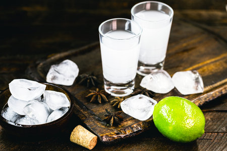 Ouzo or Uzo, is a Greek anise brandy, traditional strong alcoholic drink in glasses on the old wooden table. Greek tradition, drink of the gods. Place for textの写真素材